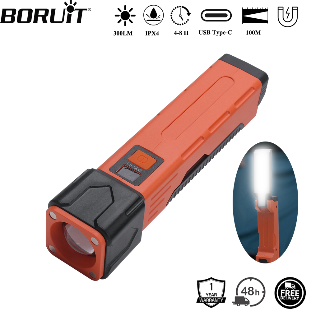 Power Bank - BORUiT 300LM LED-Arbeitslicht, Zoom-Taschenlampe, Typ C,